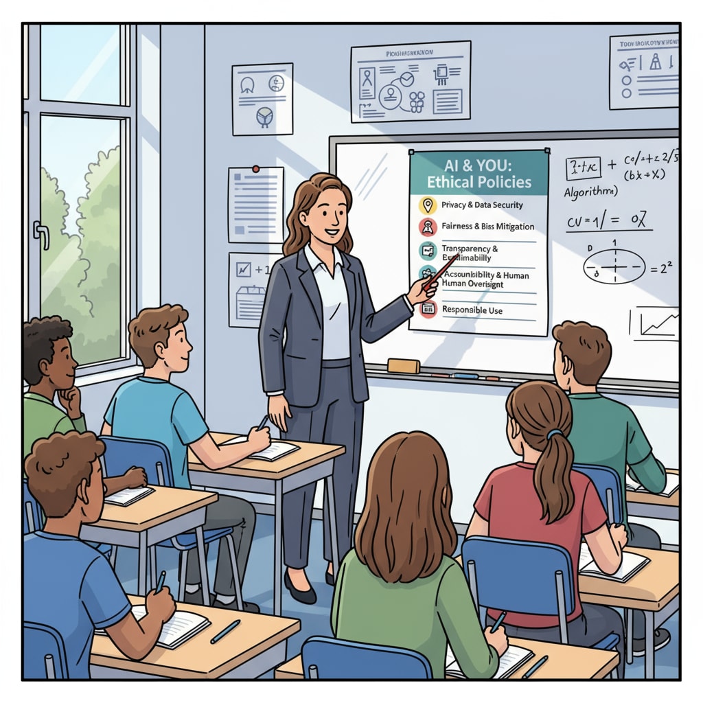 A teacher explaining AI policies to students in a classroom in the context of AI policies, academic integrity, and educational equity