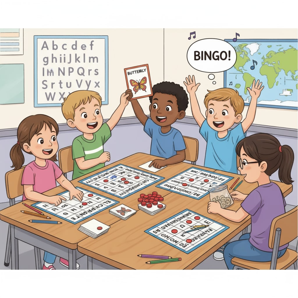 Primary school students playing an English vocabulary bingo game for language learning