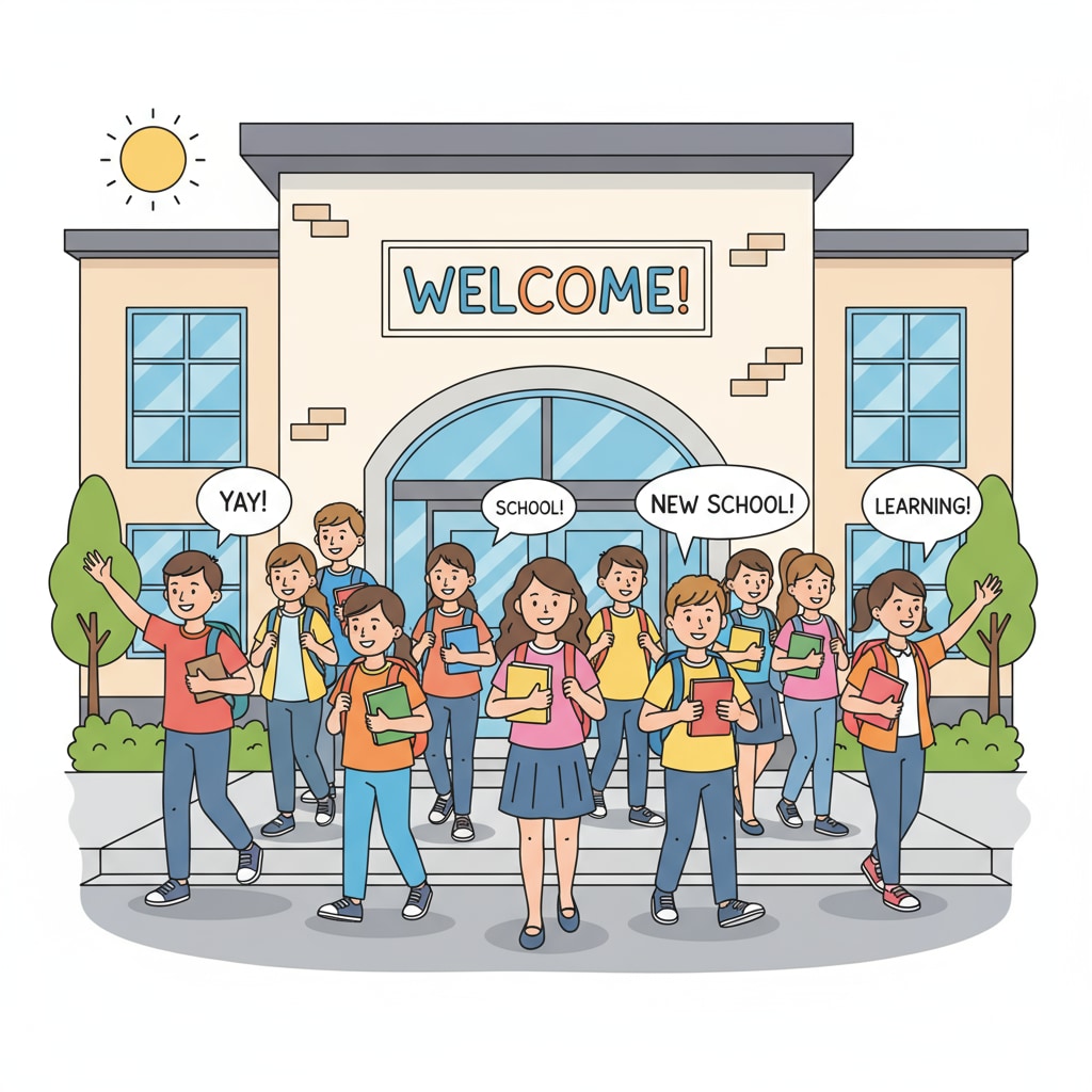 A group of K12 students are smiling as they enter a new school building, showing a positive attitude towards the new environment. K12 students adapting to a new school environment