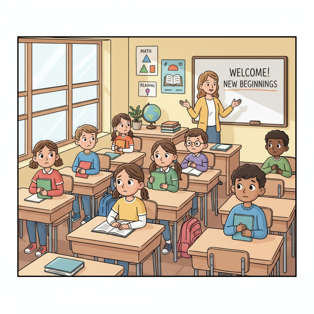 Students are sitting in a classroom, looking a bit nervous on the first day, which reflects the emotions they may experience during the transition to a new school or grade. Students' nervous expressions on the first day of a new school or grade
