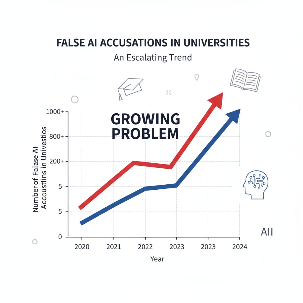 Graph showing the increasing number of false AI accusations in universities, relevant to university liability, false accusations, AI use, and academic penalties