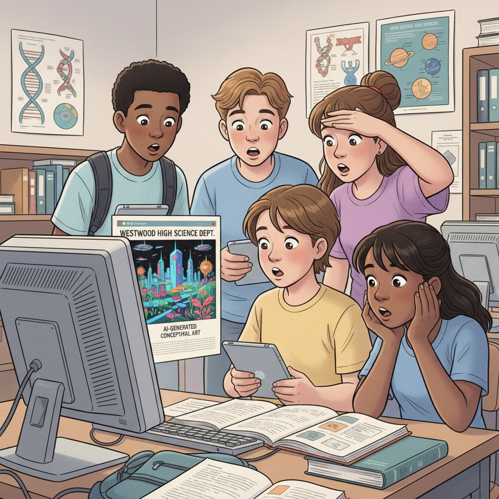 Students viewing an AI-generated image on a high school website related to educational ethics