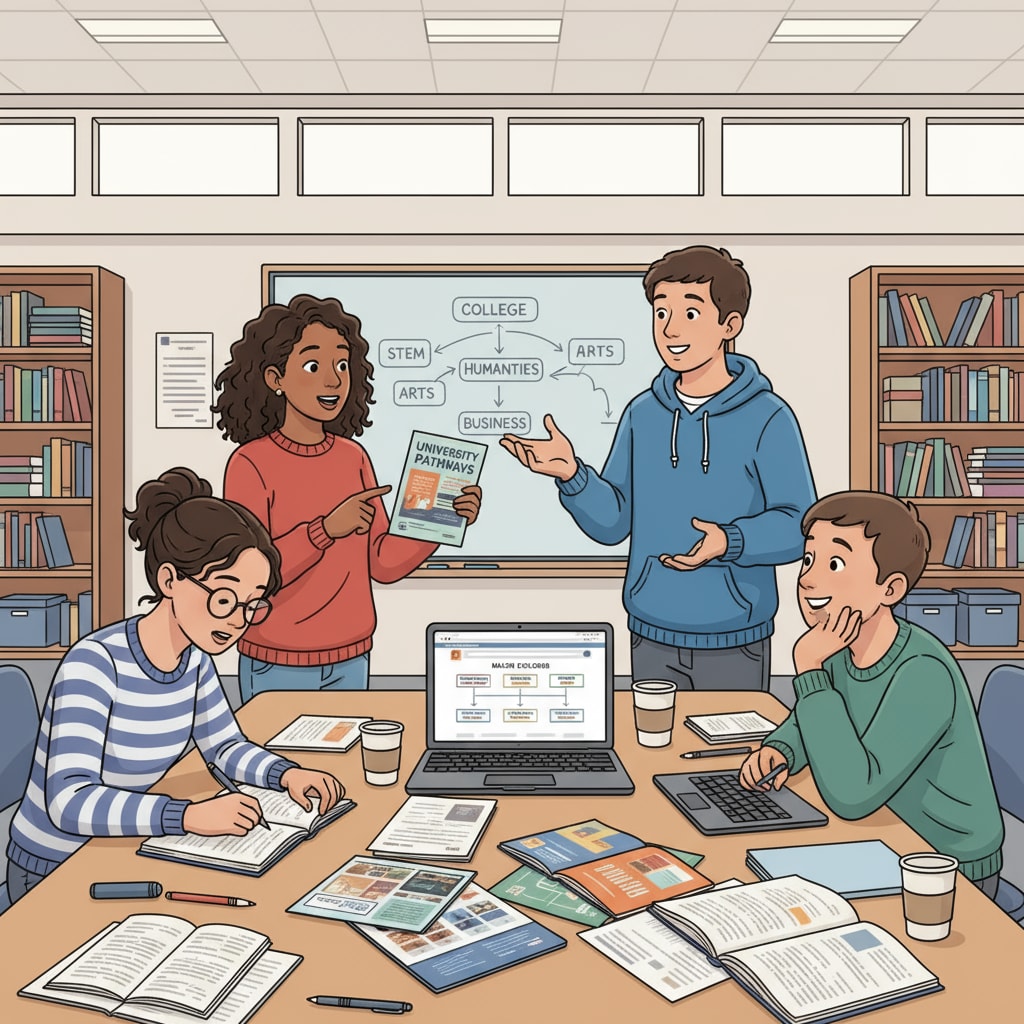 A group of high school students are sitting around a table in a classroom, having an animated discussion about which college majors they should choose. Some are looking at brochures, while others are jotting down notes. High school students discussing college majors to explore career direction and make informed decisions about major selection.