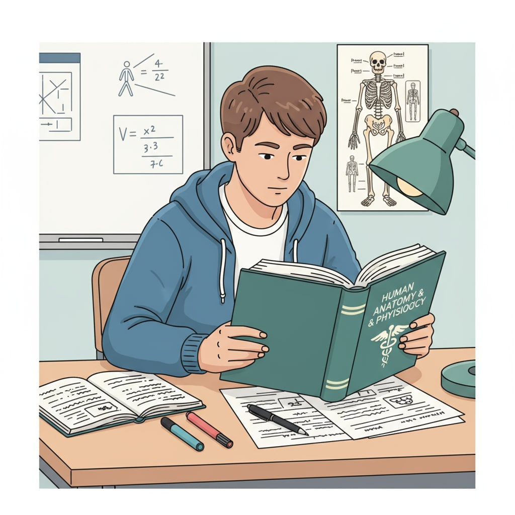 A high school student is sitting at a desk, reading a thick medical textbook. There are some papers and a pen beside the book, indicating that the student is taking notes while exploring the medical field. High school student exploring the medical field to gain in-depth understanding for career direction and major selection.