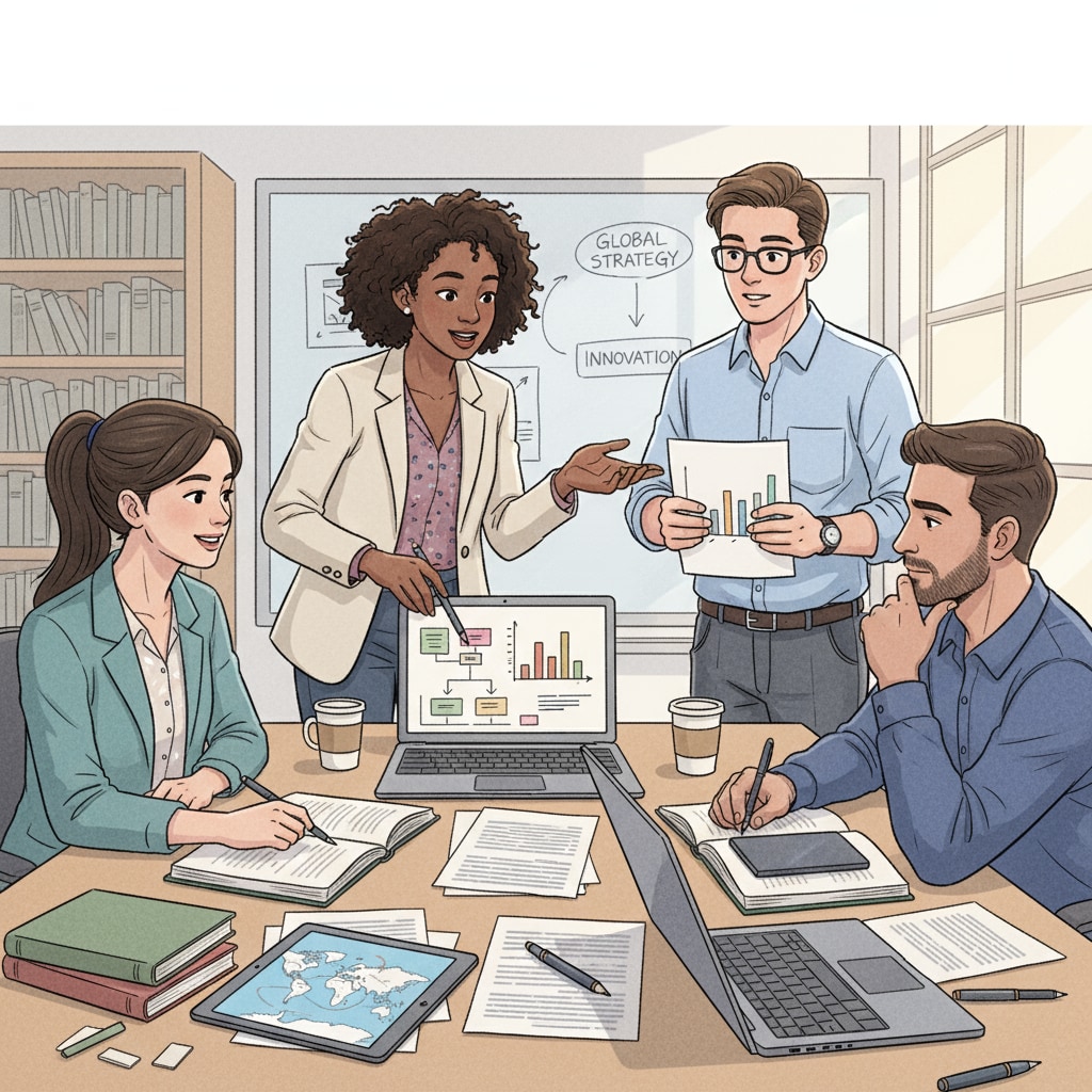 A group of business students are sitting around a table, engaged in a lively discussion about their future career plans. They are looking at documents and sharing ideas. Business students with no math background discussing higher education and career paths