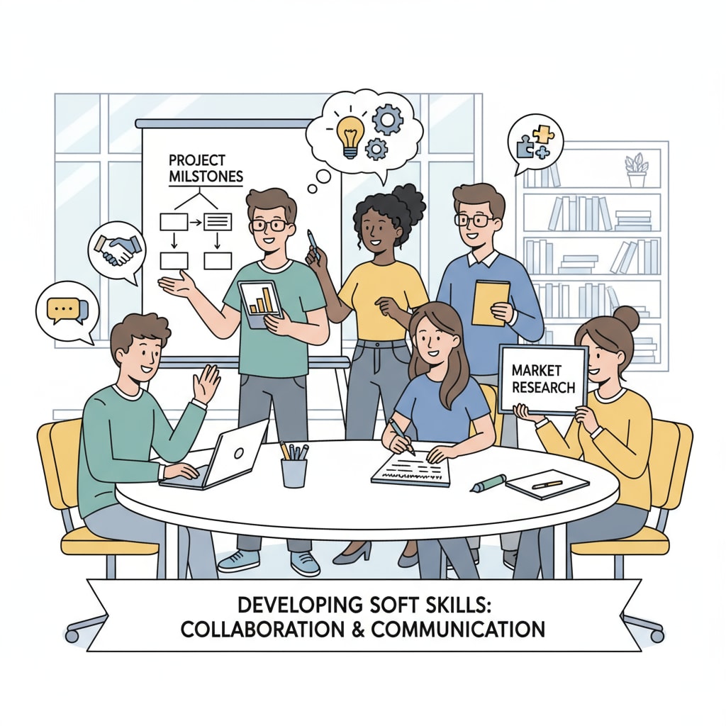 Students are working together on a business project. They are collaborating, presenting ideas, and showing teamwork, emphasizing the development of soft skills. Business students without math background focusing on soft skills development in a project