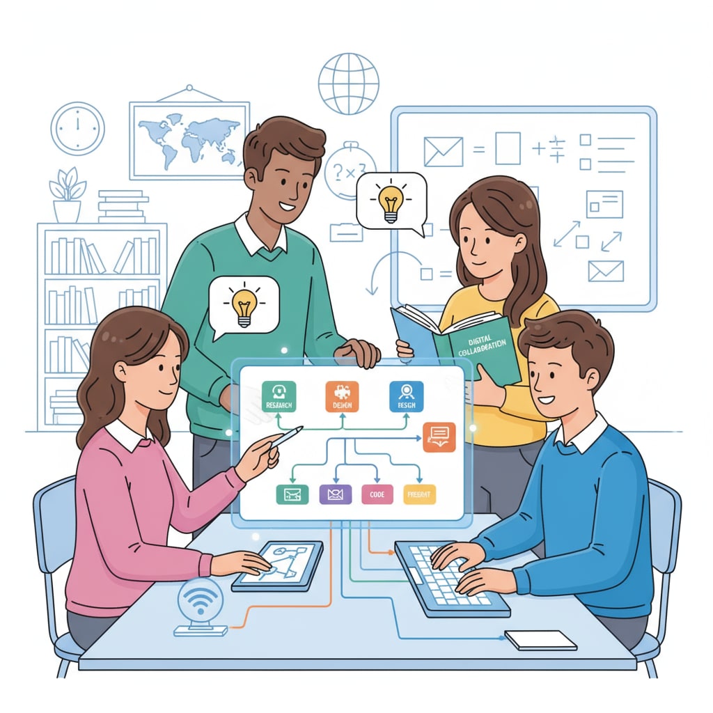 Students collaborating on a digital project in digital age secondary education