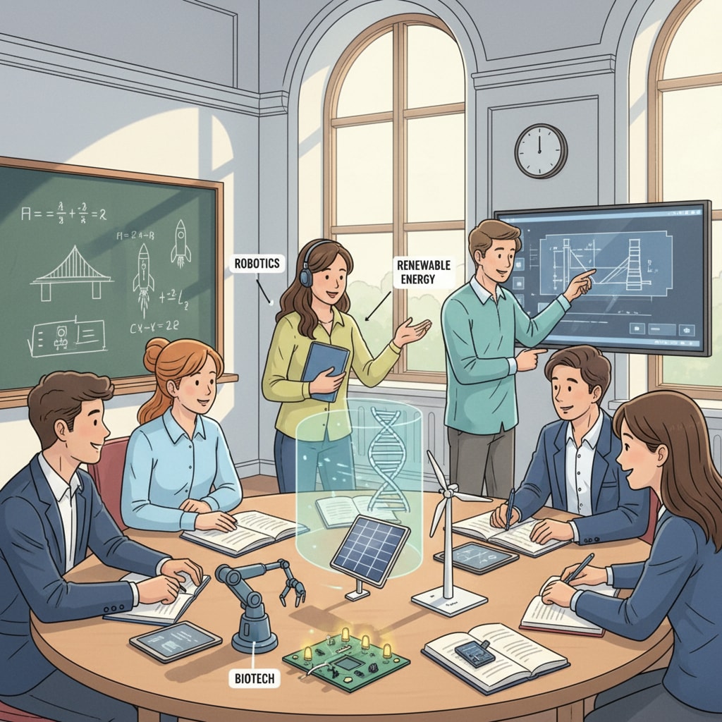 Students are engaged in a discussion about STEM projects in a European university classroom, showing the collaborative learning environment. Students discussing STEM projects in a European university classroom related to university major selection, math, programming, and European education