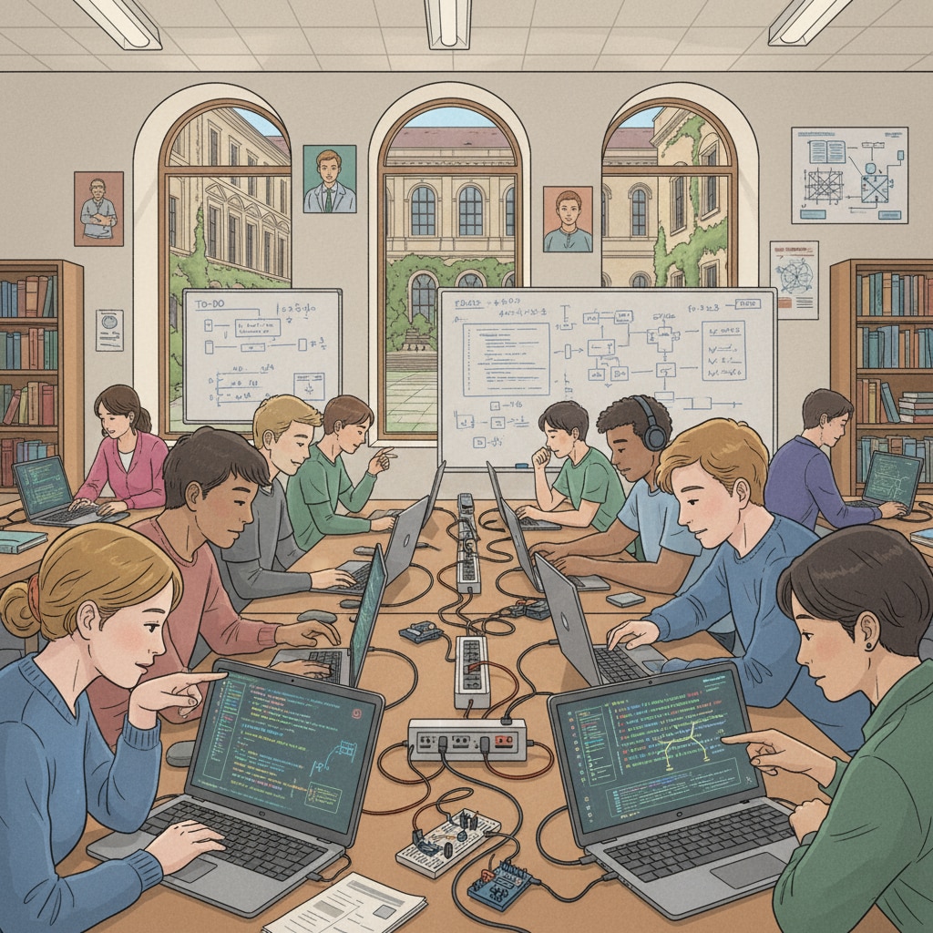 Students are coding on computers in a European university lab, demonstrating the practical aspect of computer science and programming. Students coding on computers in a European university lab for university major selection in math, programming, and European education