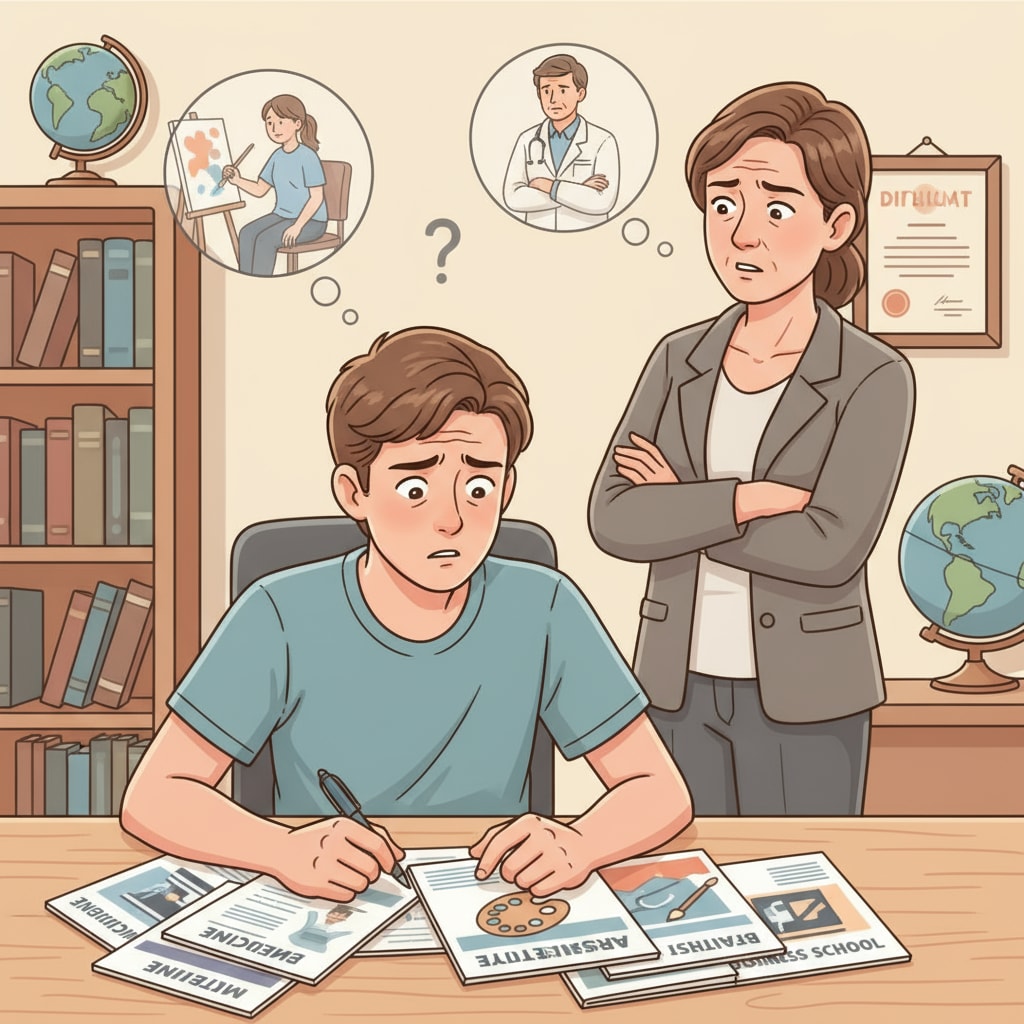 A worried teenager and concerned parent during the process of career choice, influenced by parental control and military obligation implications