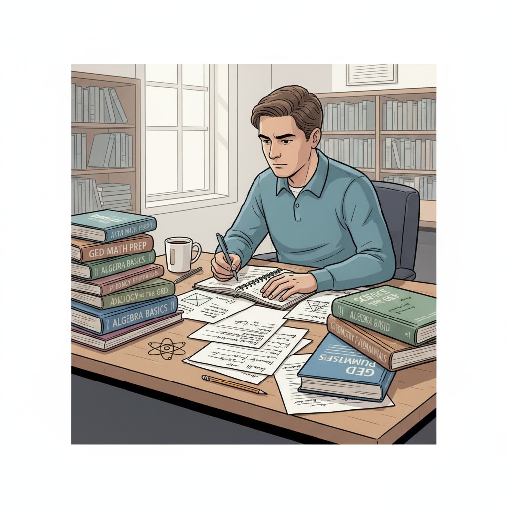 A person is sitting at a desk, surrounded by books and papers related to GED math and science study materials. They are looking intently at the materials, ready to start studying. A person preparing for GED exam using math and science study materials