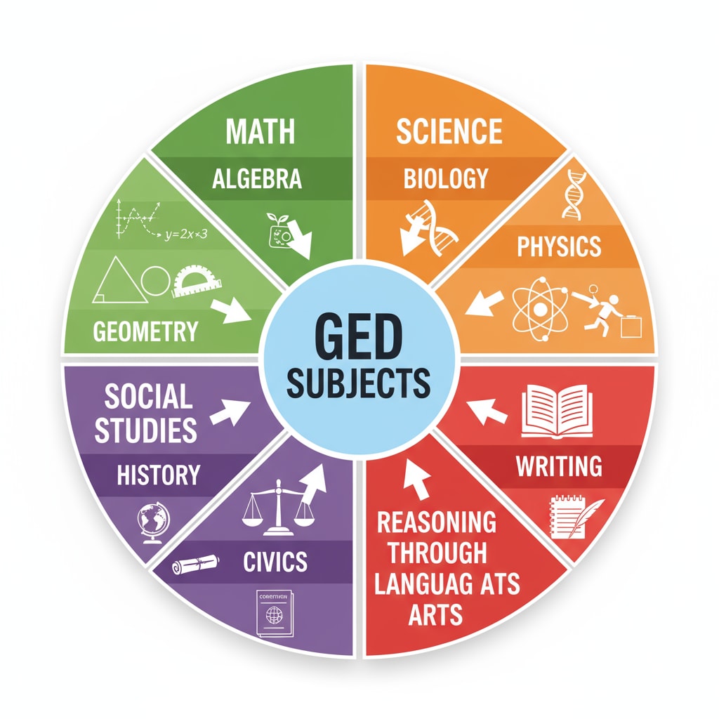 A colorful diagram with different sections labeled for GED math topics like algebra, geometry, and for science topics like biology, physics. Diagram showing GED math and science topic breakdown