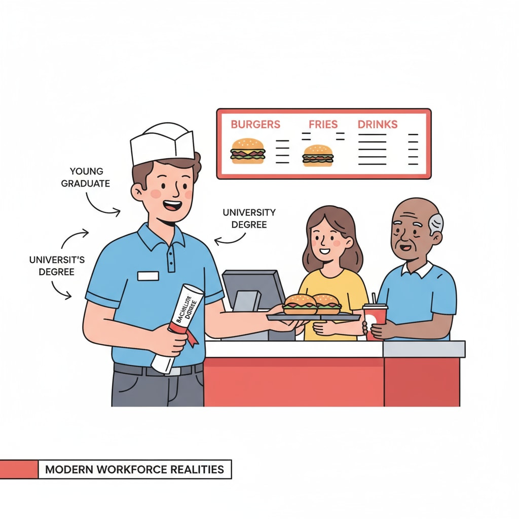 A young person with a degree serving customers at a fast food restaurant A degree-holder working in a fast food job
