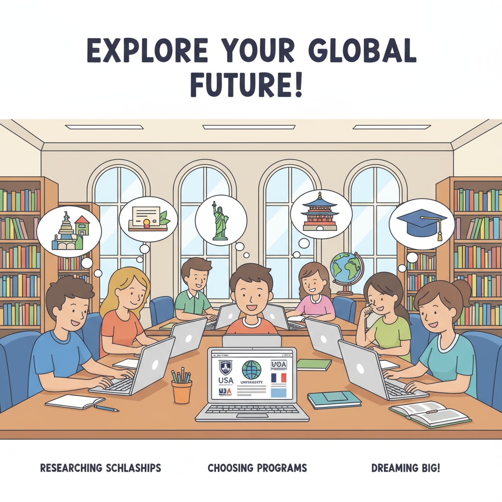 Students are sitting in a library, looking at books and using laptops to research overseas universities, showing their eagerness to learn about different educational opportunities abroad. Students researching overseas universities in a library for their applications, scholarships, and extracurricular activities exploration