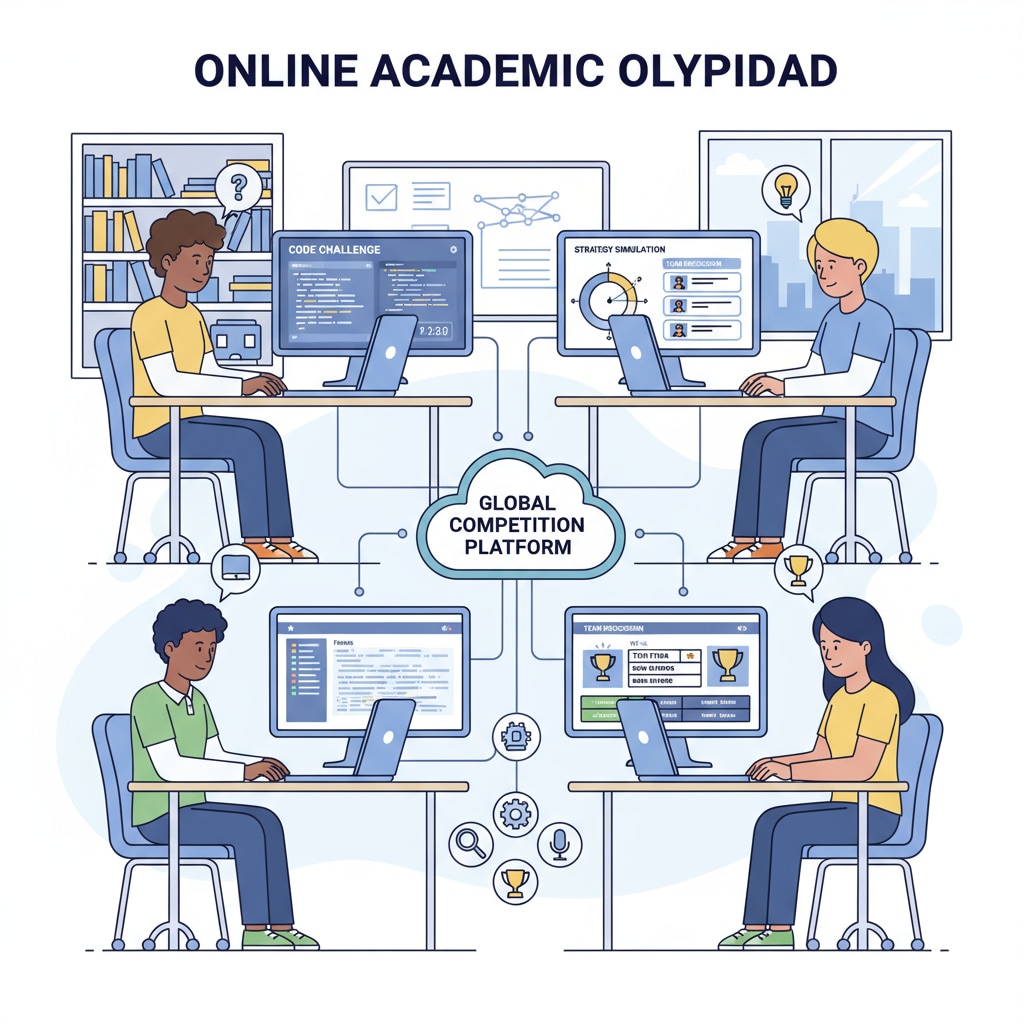 A group of students are participating in an online competition, with their screens showing various tasks and discussions related to the competition, highlighting the digital opportunities for extracurricular engagement. Students participating in an online competition as part of their extracurricular activities for overseas university applications and scholarship considerations