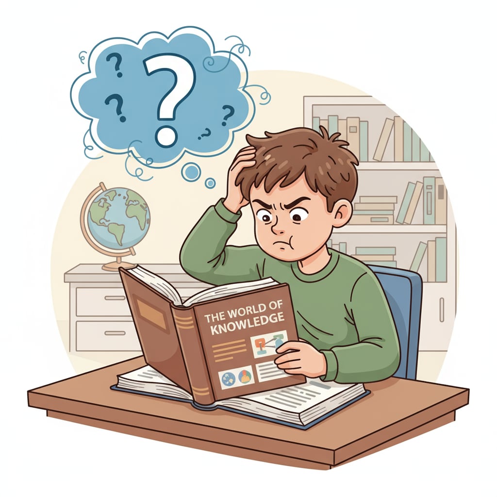 A student looking frustrated while reading a general knowledge book, with a thought bubble showing a question mark. A frustrated student with general knowledge learning difficulties and flashcard learning implications