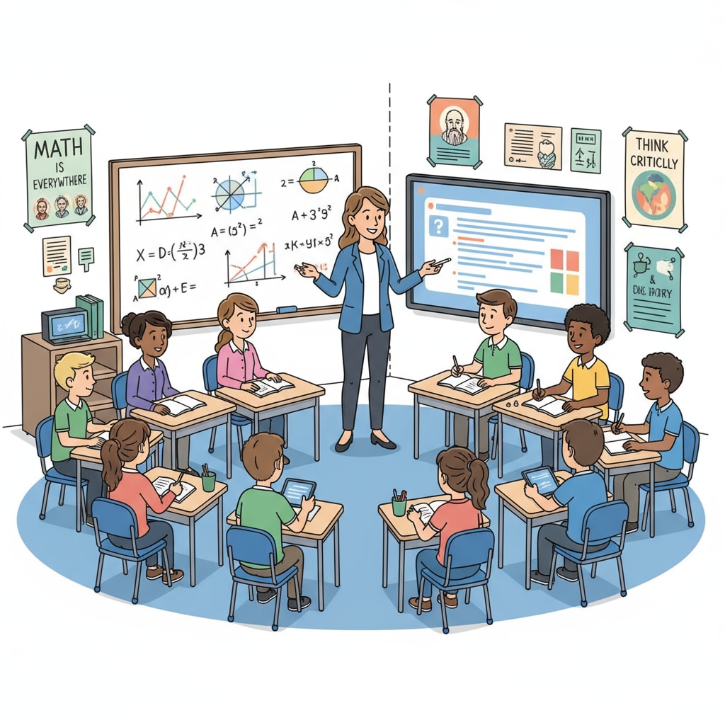 A classroom scene where students are listening intently to a math teacher, representing the educational environment for mathematics teachers. Mathematics teacher in a classroom during a career planning session for educational paths
