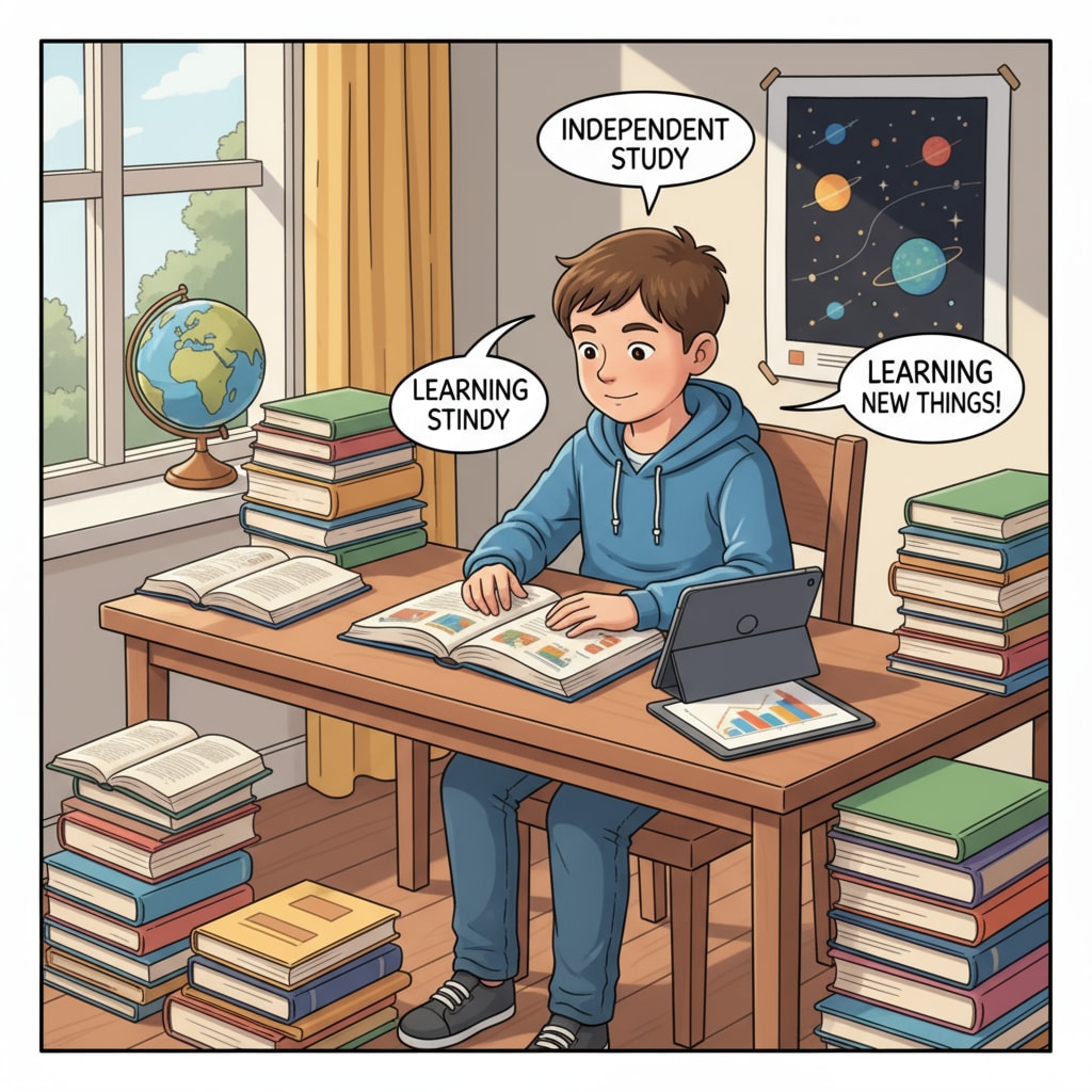 A young K12 student is sitting at a desk at home, surrounded by books and studying independently. K12 student engaged in self-study