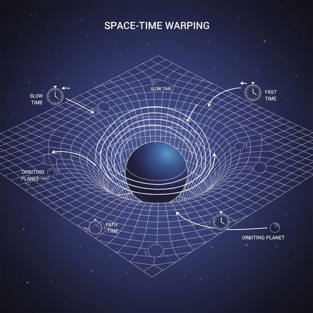 Illustration of how gravity warps space-time and affects time passage