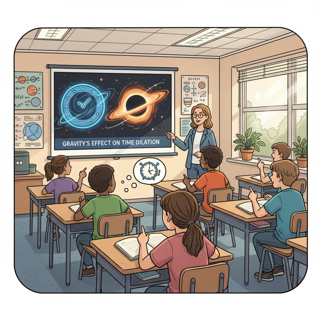 Students in a classroom watching an animation about gravity and time