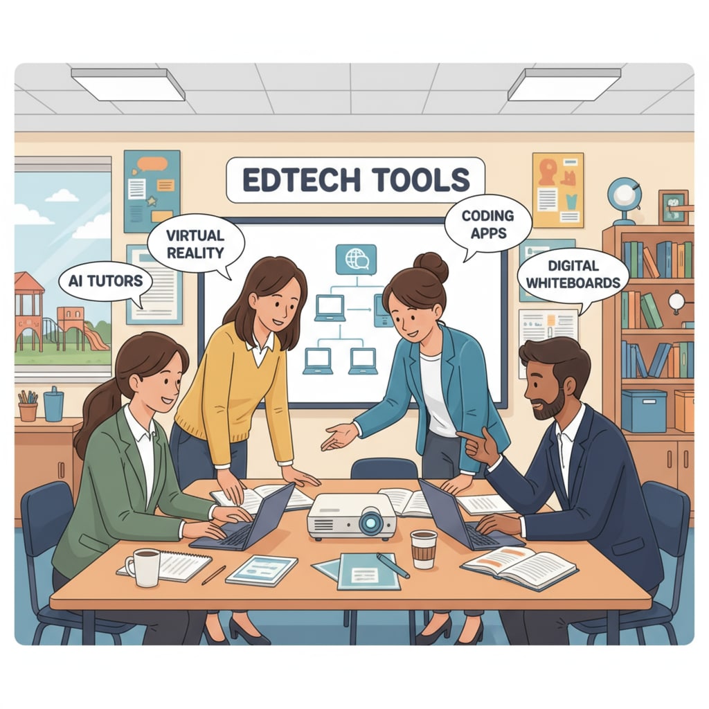A group of K12 teachers are gathered around a table in a classroom, discussing different educational technology tools and sharing their ideas. K12 teachers discussing educational technology tools for information acquisition and adoption