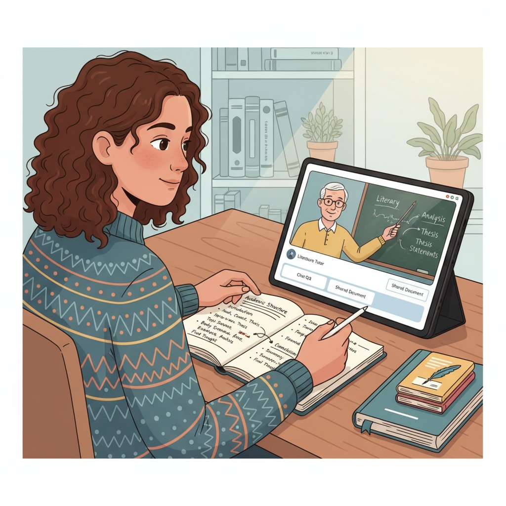 A student engaged in online literature tutoring for academic essay writing