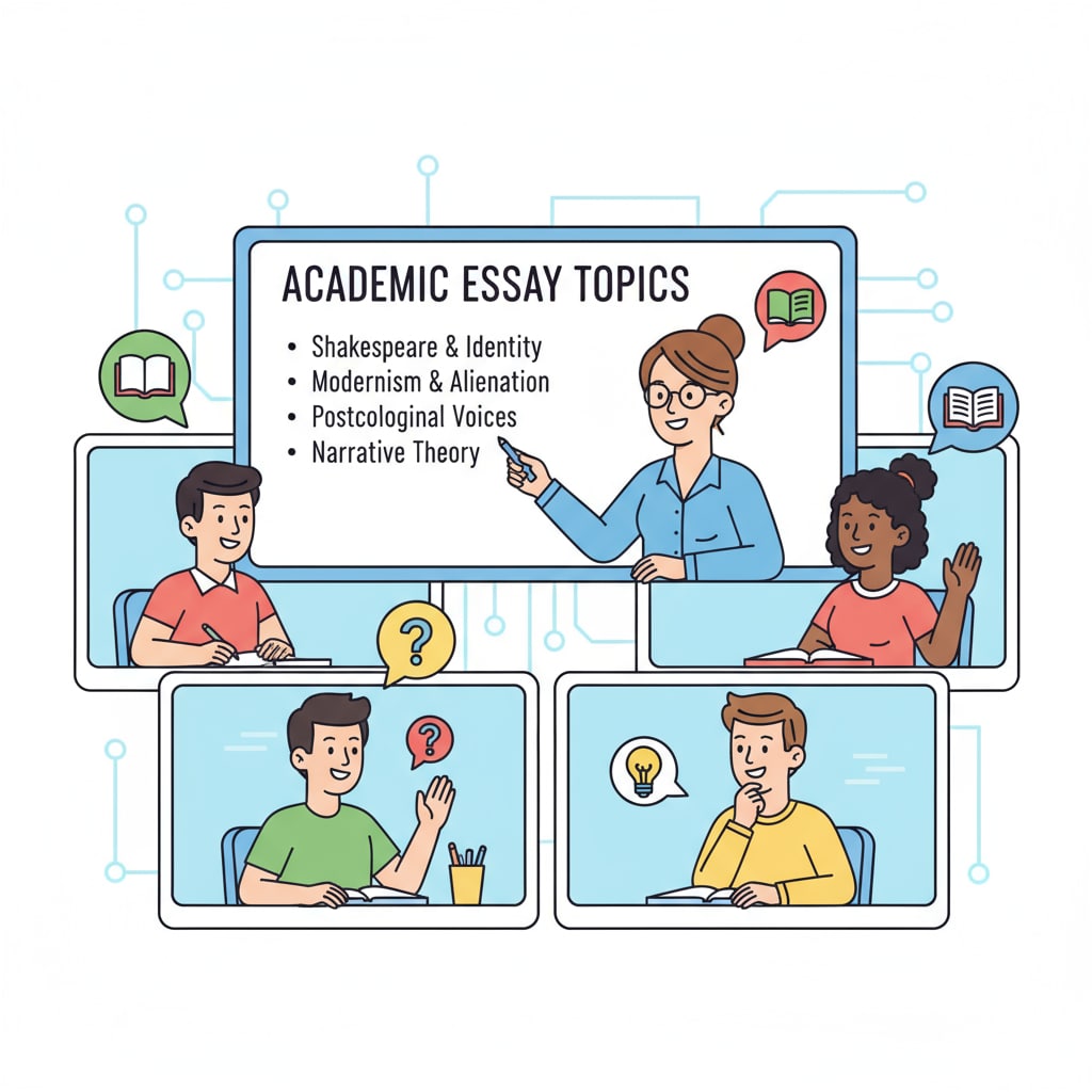 Online literature tutor interacting with students in a virtual classroom for academic essay discussions
