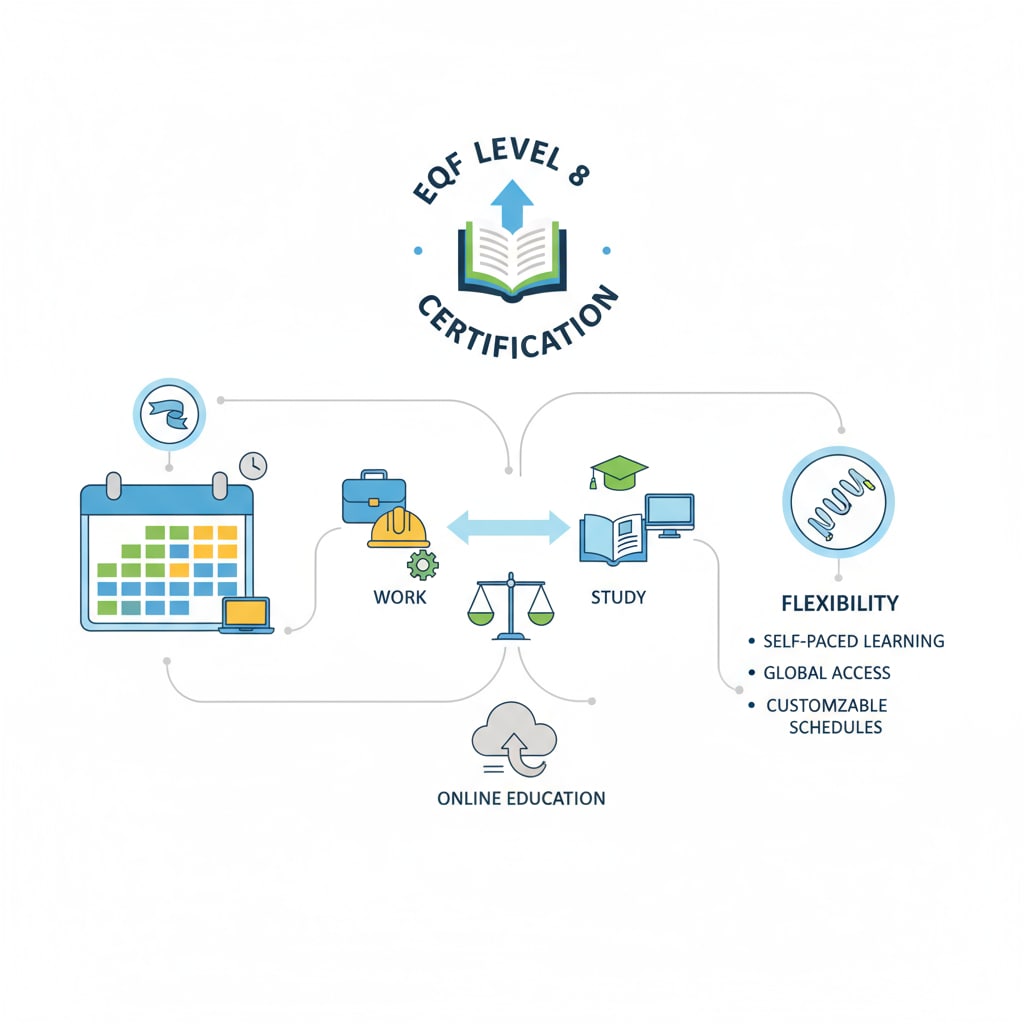 Graphic showing the flexibility of online education for EQF 8 certification