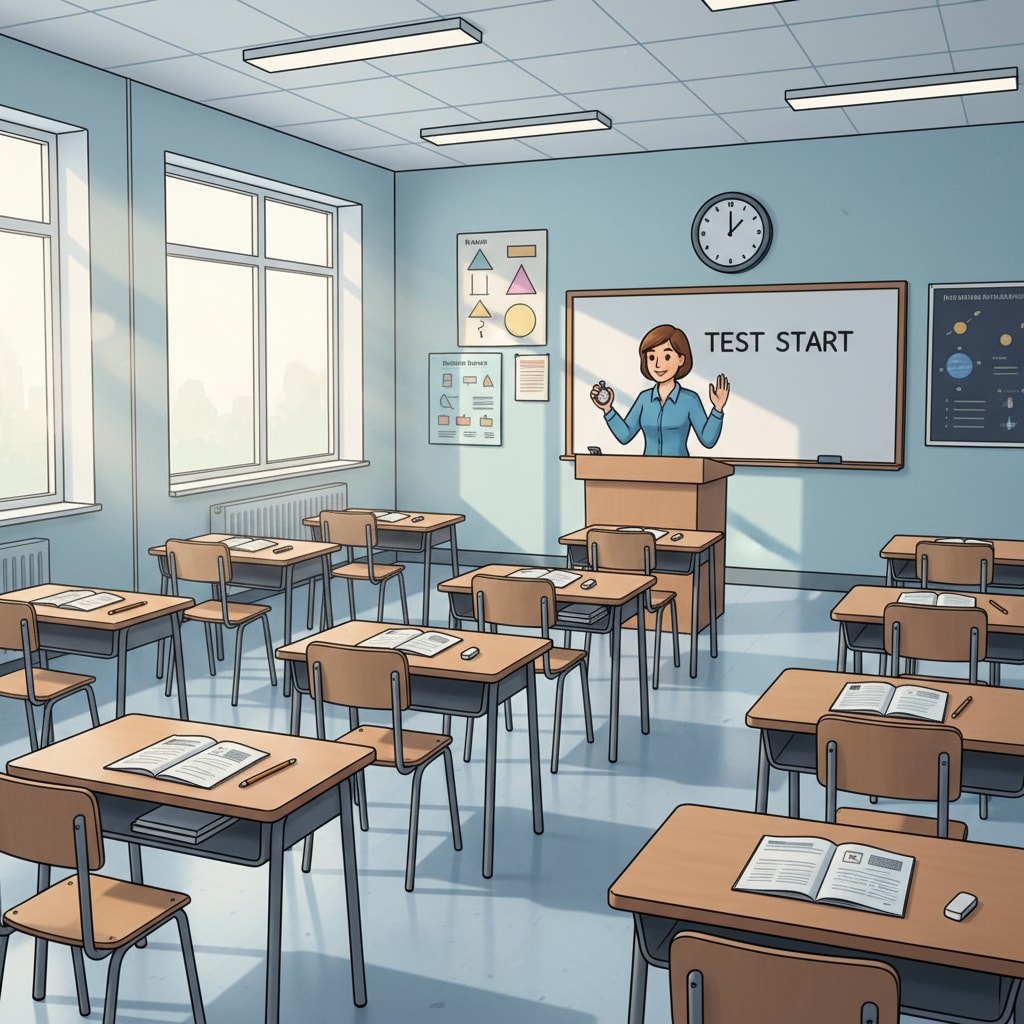 A classroom is neatly arranged for a test. Desks are spaced apart, and test materials are placed on each desk. A proctor stands at the front, ready to start the test. A classroom setup for testing supervision with a proctor present
