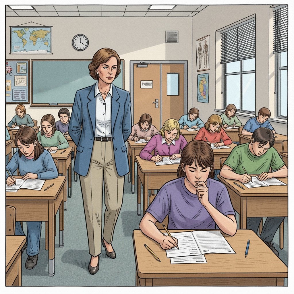 A proctor is walking slowly between the rows of desks in a classroom. Students are focused on their tests, and the proctor is observing carefully for any signs of cheating. A proctor monitoring students during a test to ensure fairness
