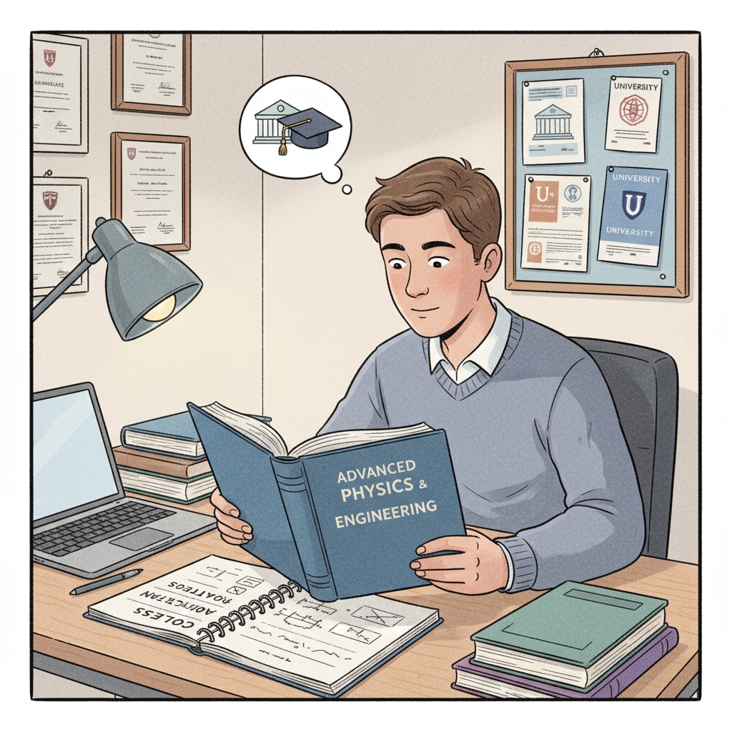 A student is sitting at a desk, reading an academic book. They have a notebook beside them and are taking notes, indicating their self-driven learning for college applications. Student Self-Learning for Academic Growth Related to College Applications