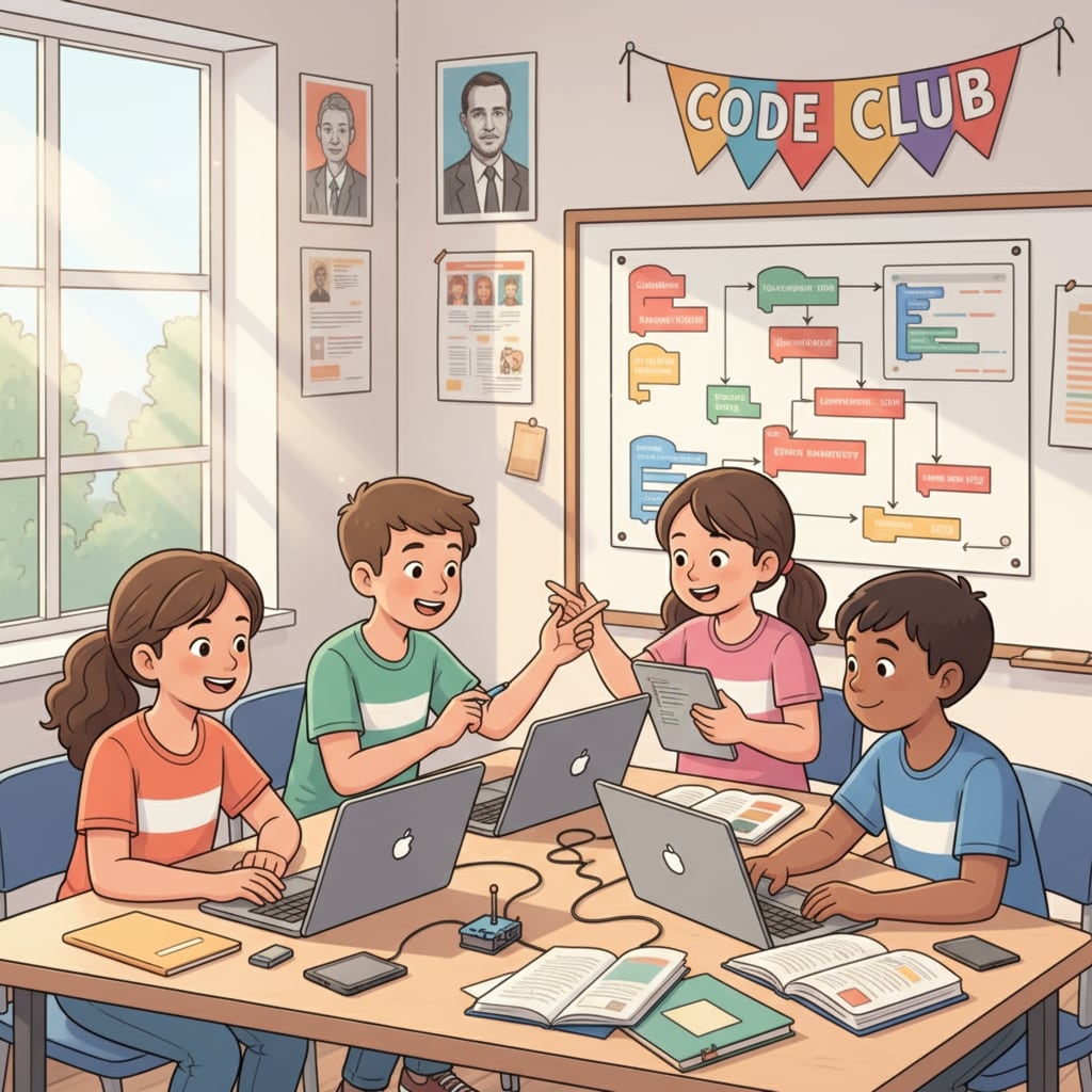 Students in a K12 classroom are seen working together on a coding project, with laptops open and engaged expressions on their faces. K12 students engaged in coding for software engineering certification preparation