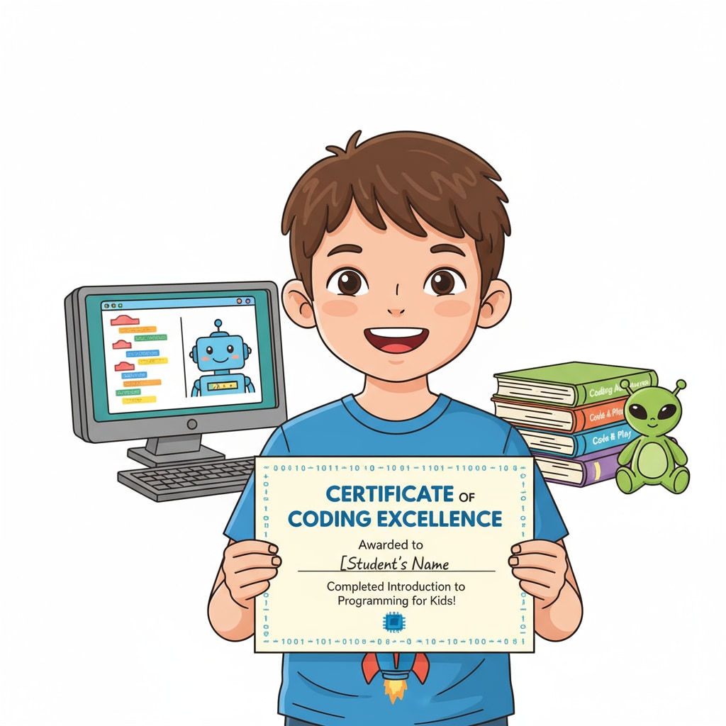 A young primary school student is holding a certificate in coding, smiling brightly, with a computer and coding books in the background. Primary school student with coding certification relevant to software engineering