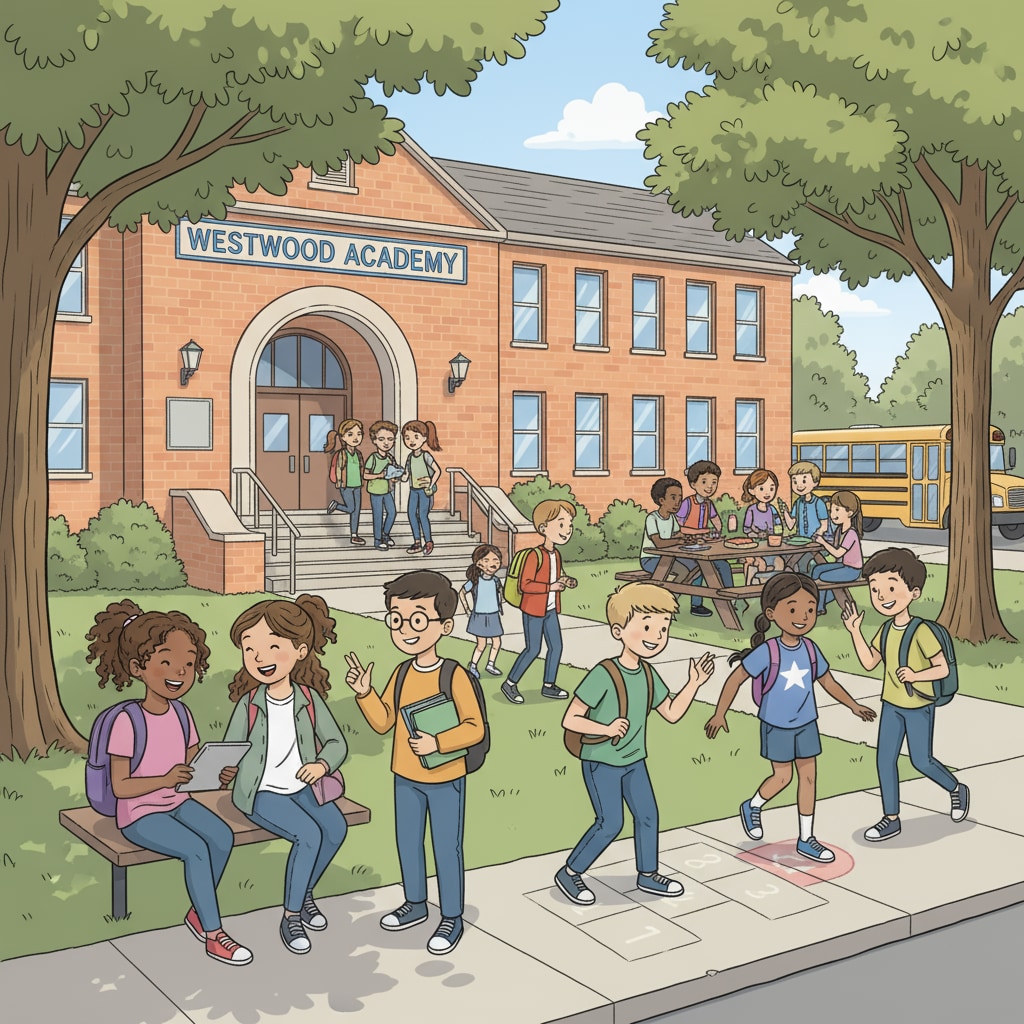 A group of students outside a public school building, indicating the social aspect of public school life. Students outside a public school building, relevant to children's education choice