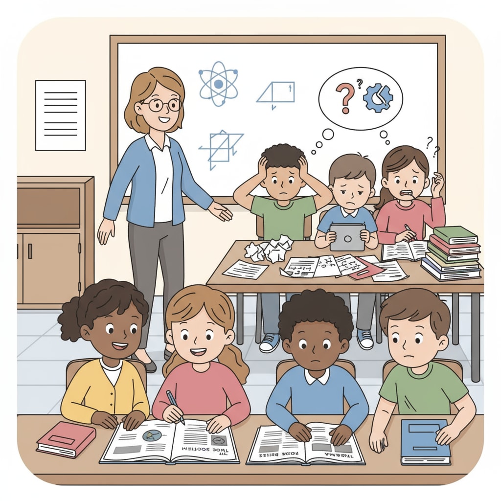 A classroom scene showing students engaged in learning, but some appear stressed, indicating potential academic struggles. Students in a K12 classroom facing academic challenges related to expulsions and failures