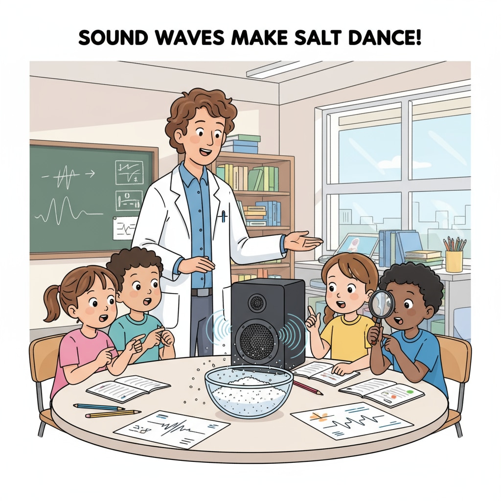 Primary school students observing a simple experiment on sound waves with dancing salt