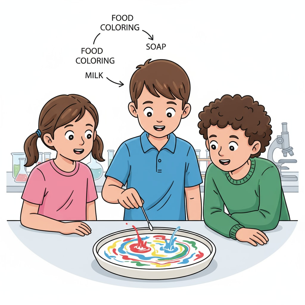 Primary school students conducting a simple experiment on surface tension with magic milk