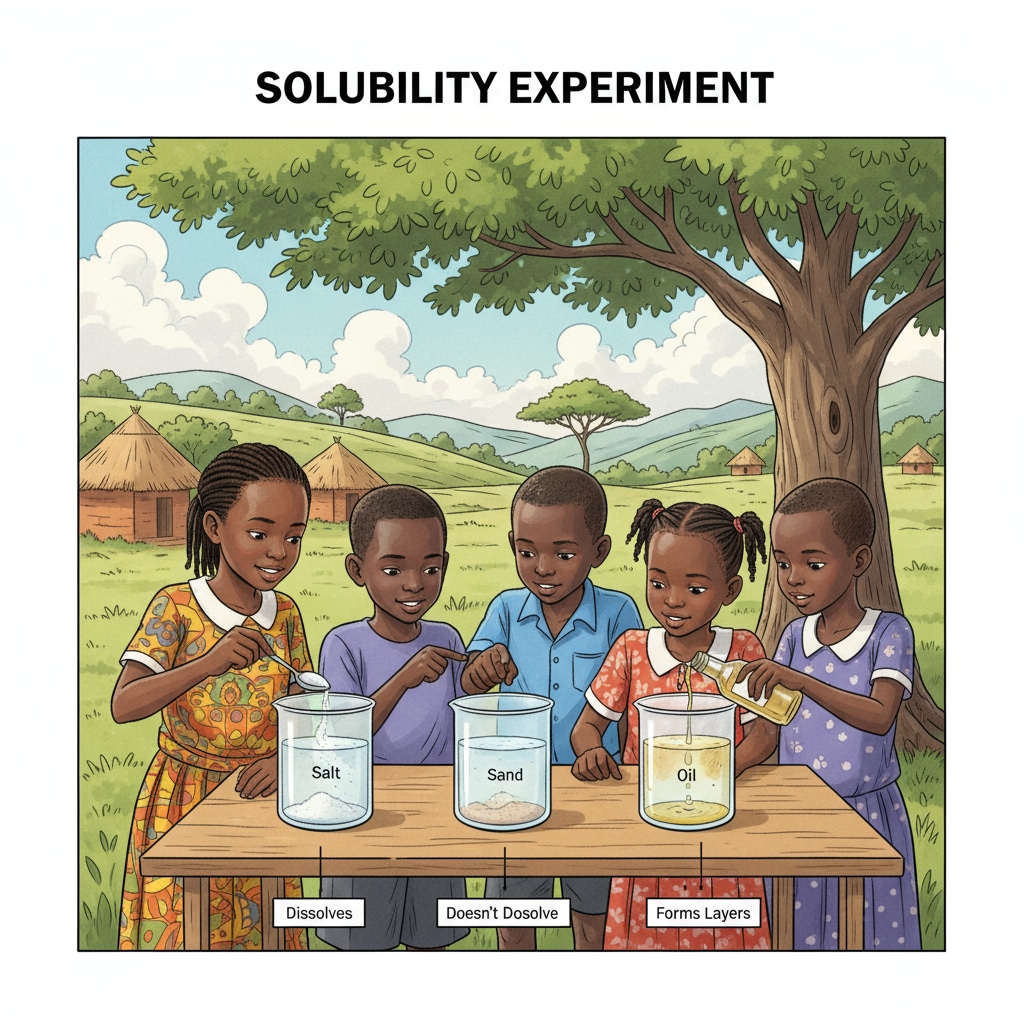 A group of Rwandan rural children are gathered around a table, observing a simple experiment where they are adding different substances to water to see solubility. Rwandan rural children engaged in a water-themed STEM experiment