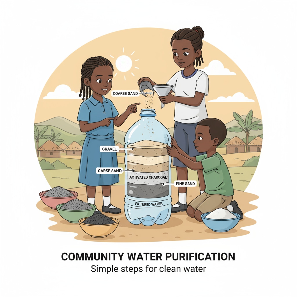 Rwandan children are working together to build a small-scale water filtration system using sand, gravel, and a plastic bottle. Rwandan children constructing a water filtration system for STEM learning