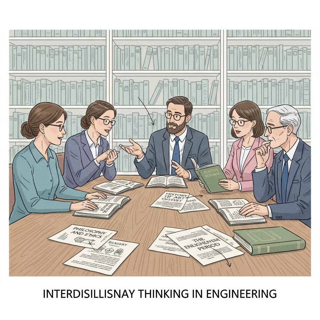 A group of engineers are gathered around a table, looking at books and papers related to liberal arts, engaged in discussion. Full-time engineers engaged in part-time liberal arts learning discussion