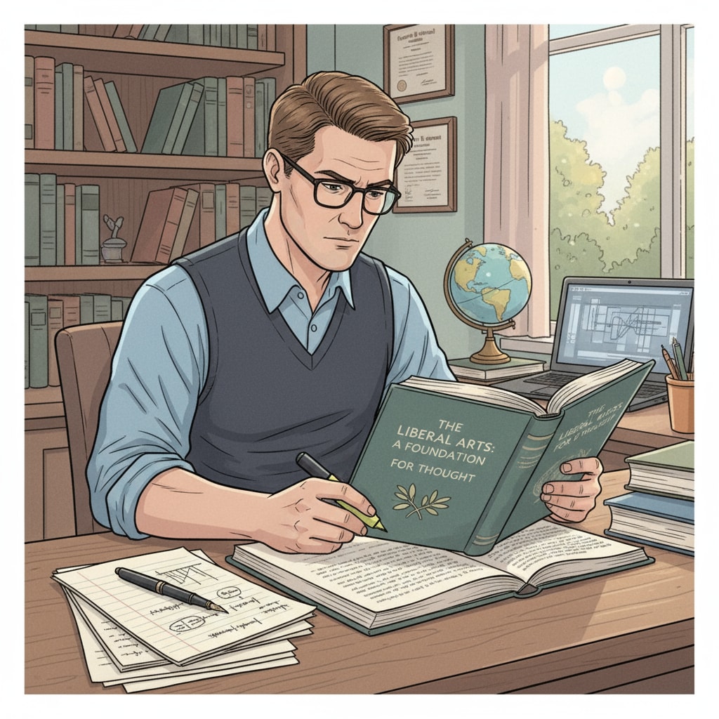 An engineer is sitting at a desk in a study, concentrating on reading a liberal arts book, with notes and a pen beside. A full-time engineer engaged in part-time liberal arts reading