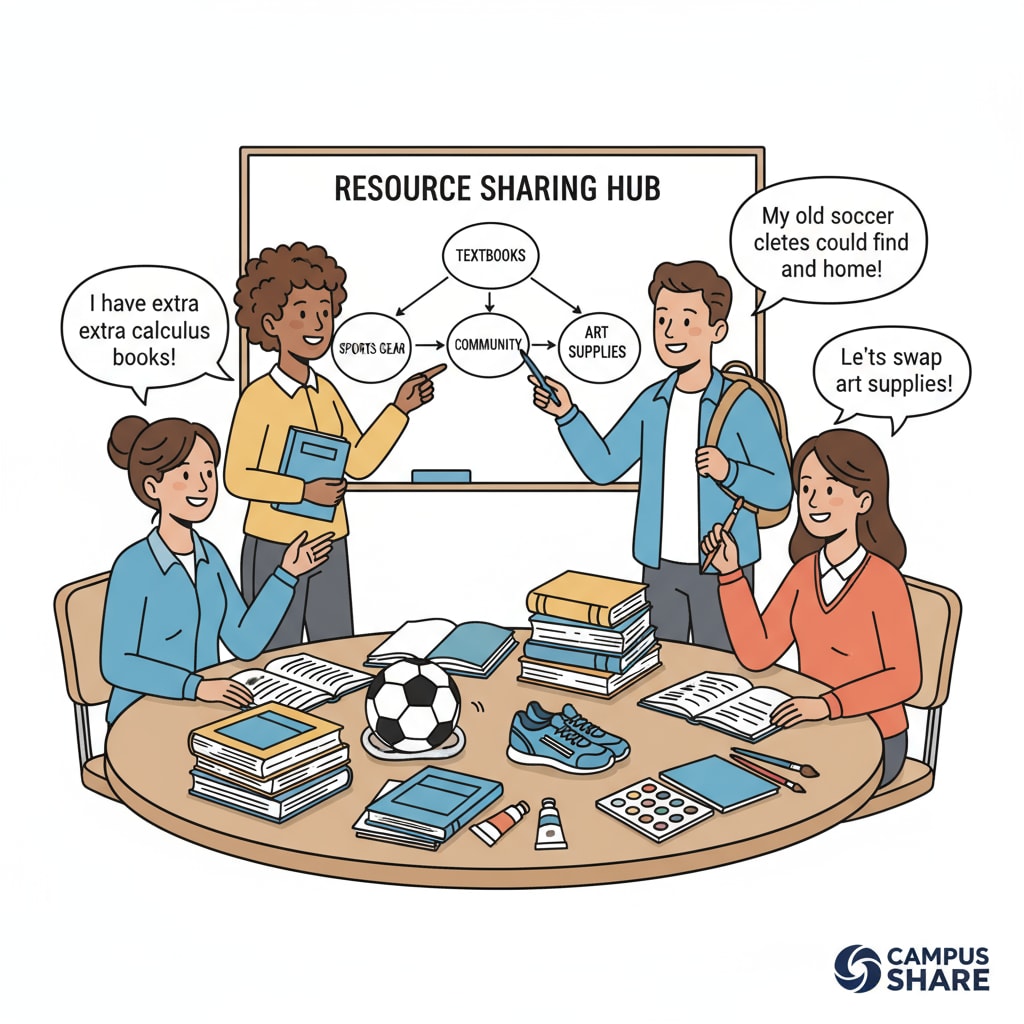 A group of students is seen discussing how to share their idle textbooks, sports gear, and art supplies among themselves. K12 students engaged in campus item sharing to potentially earn extra income on a rental platform