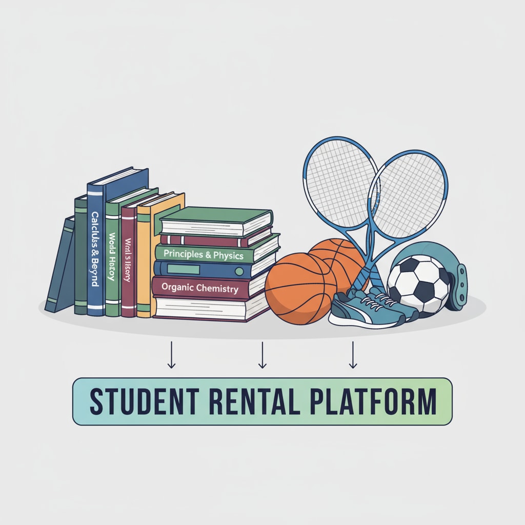 There are piles of textbooks neatly stacked, along with various sports equipment like basketballs and tennis rackets, all items that could be part of a student rental platform. Textbooks and sports equipment available for rental on a K12 student idle item platform for potential extra income