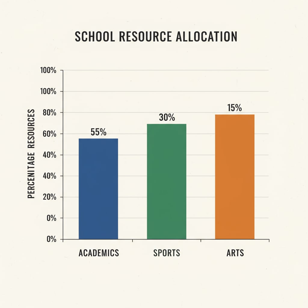 A bar graph shows the percentage distribution of school resources among different areas such as academics, sports, and arts. Graph depicting the distribution of school resources related to educational management ethical decisions