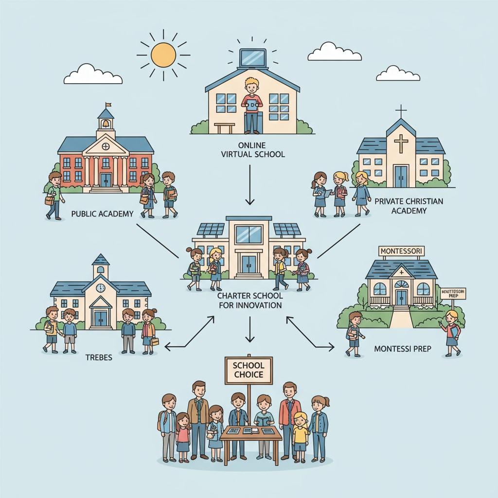 A group of students walking into different schools, representing the various options available in school choice. School choice options in K12 education