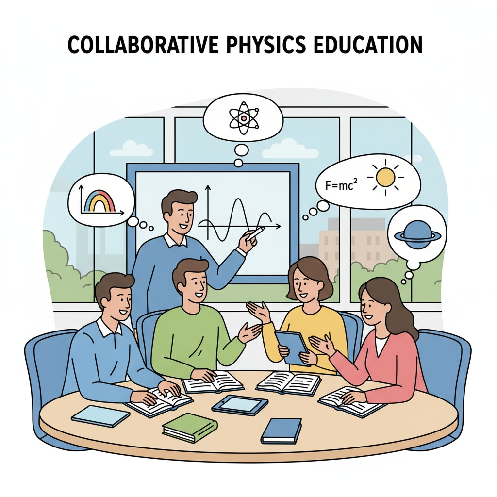 A group of physics teachers engaged in a discussion about educational topics, representing the collaborative aspect of professional development. Physics teachers discussing educational topics related to postgraduate education and night school courses