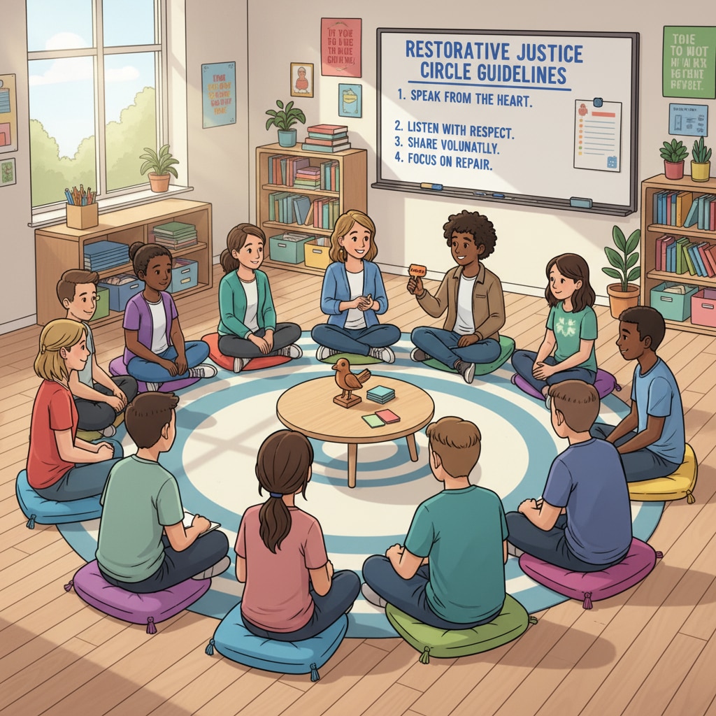 A group of students and teachers sitting in a circle, engaged in a discussion as part of a restorative justice activity in a classroom. Students and teachers participating in restorative justice circle in a resource-constrained urban school