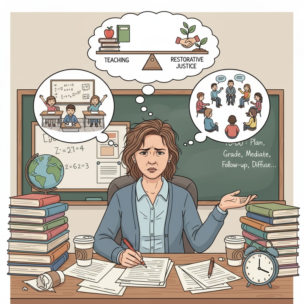 A teacher at a desk, surrounded by papers and books, looking stressed as they try to balance teaching and restorative justice efforts. Teacher facing challenges in implementing restorative justice due to resource constraints in an urban school