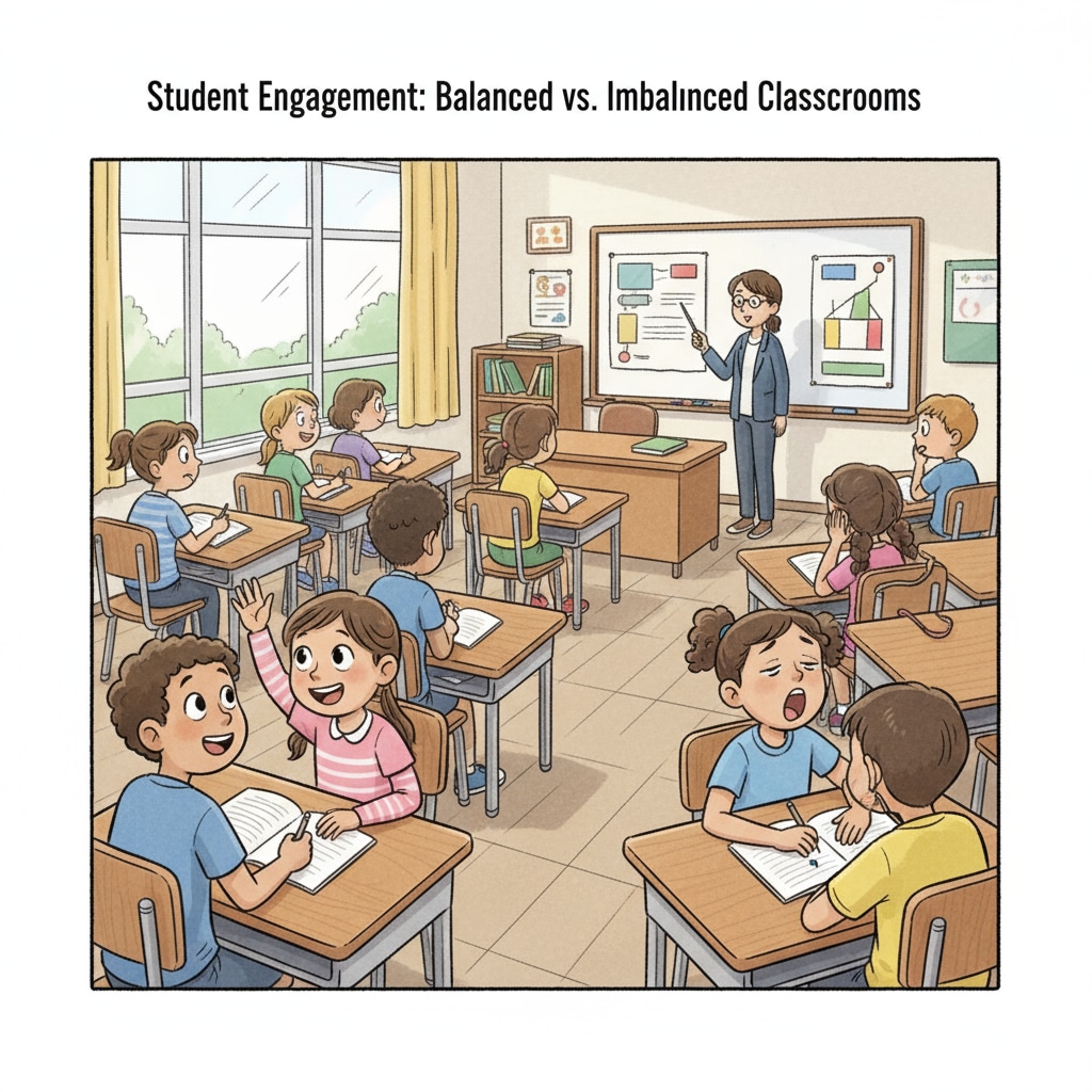 Classroom scene depicting the impact of imbalanced class structures on student engagement in the education system