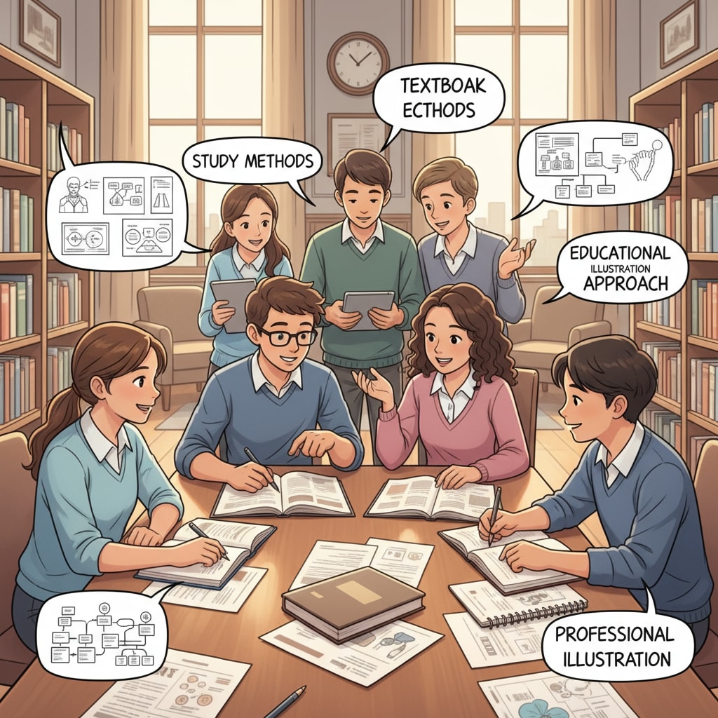 A group of high school students are sitting around a table in the library, looking at books and papers, engaged in a discussion about study methods. High school students discussing study methods in a library